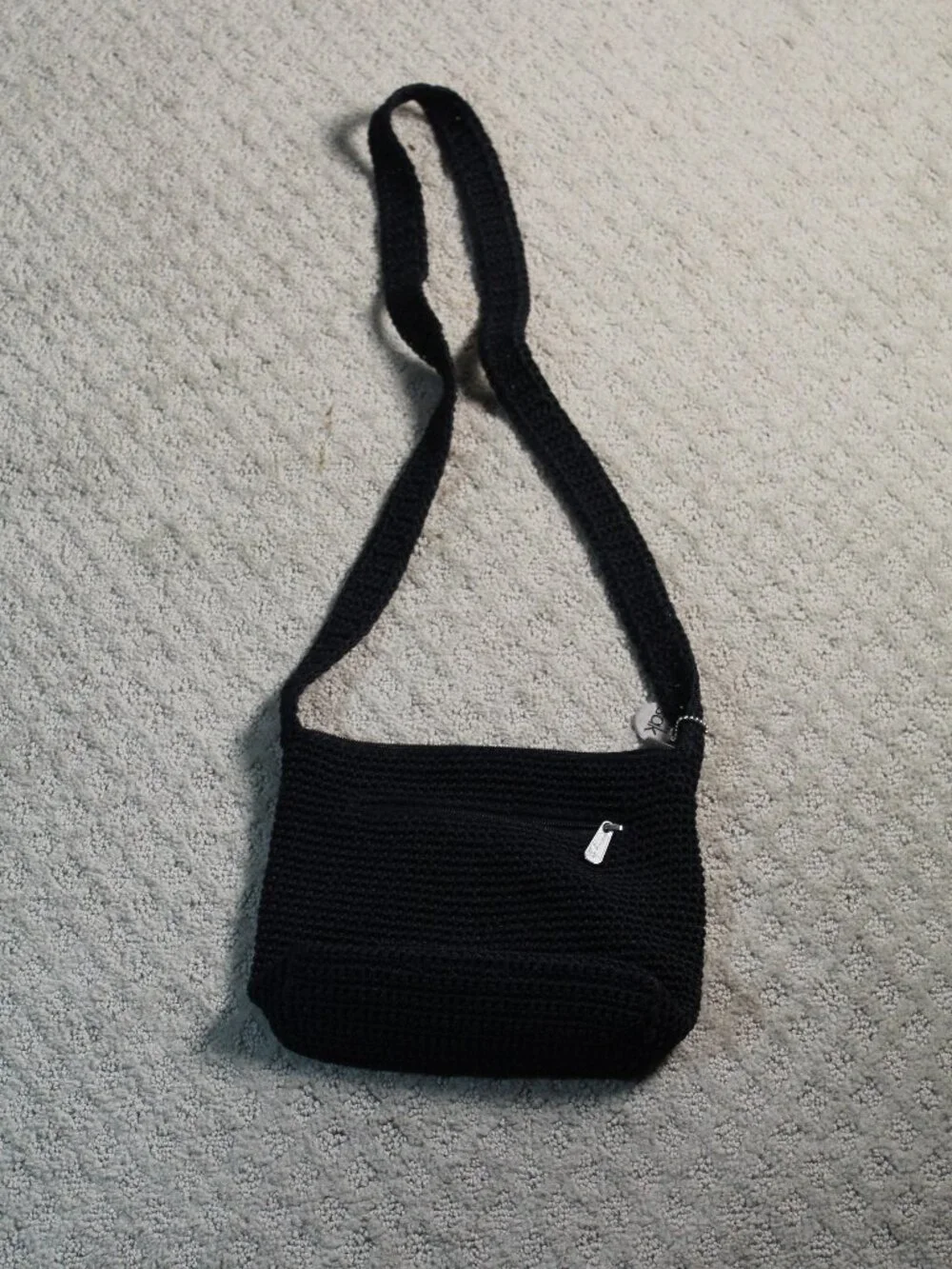 The Sak Black Handbag Shoulder Bag Purse Crocheted Nylon Strap Medium Size